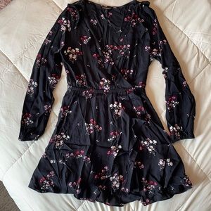 Express Black Long Sleeve Floral Print Ruffle Dress